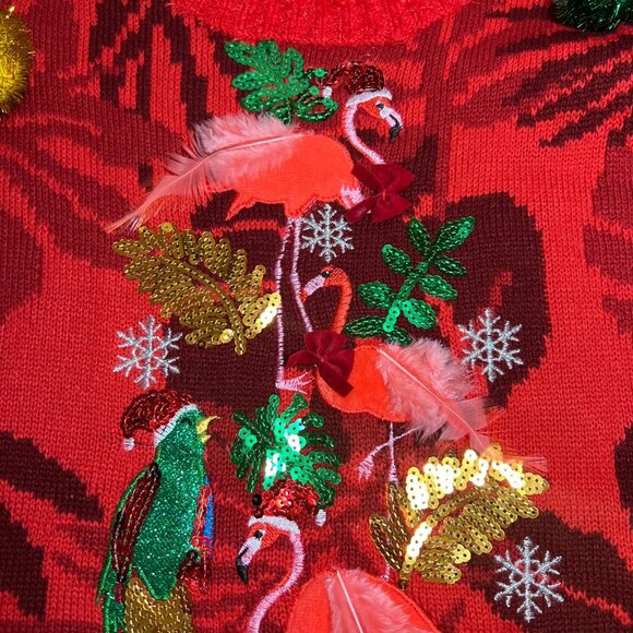 Christmas Flamingos Parrots Tropical Ugly Christmas Sweater Elaborate Novelty M - Picture 1 of 13